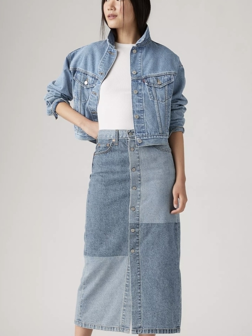 Levi's Patchwork Denim Maxi Skirt in Light Blue